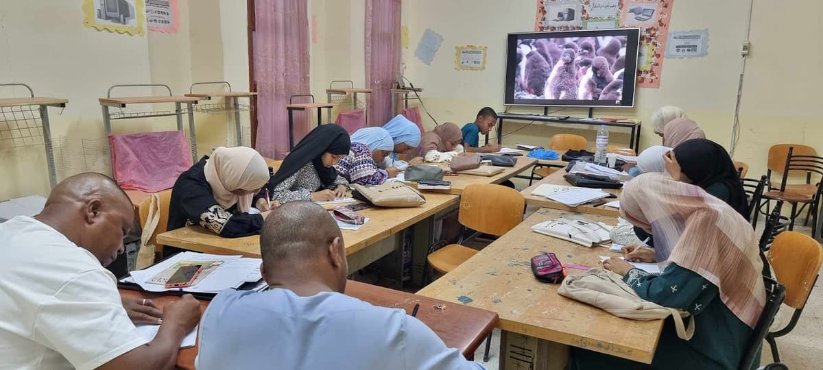 Students learning English in a classroom
